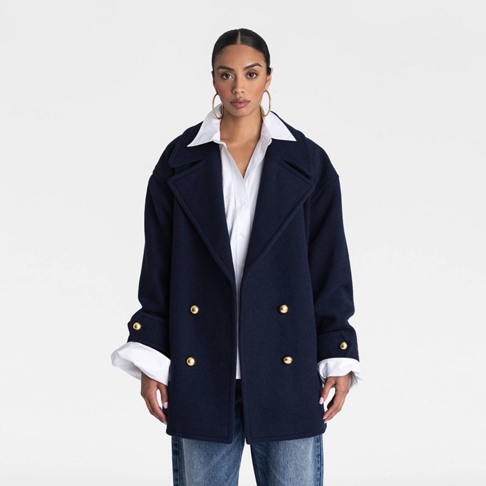 NWT KBB by KAHLANA The Pea Coat Oversize Navy Blue Wool Blend Gold Button Size M
